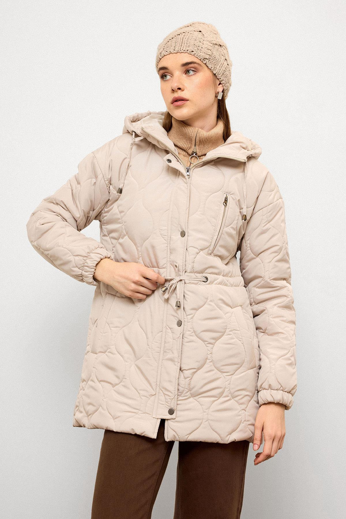 Hooded Tied Waist Short Quilted Coat STONE 6777