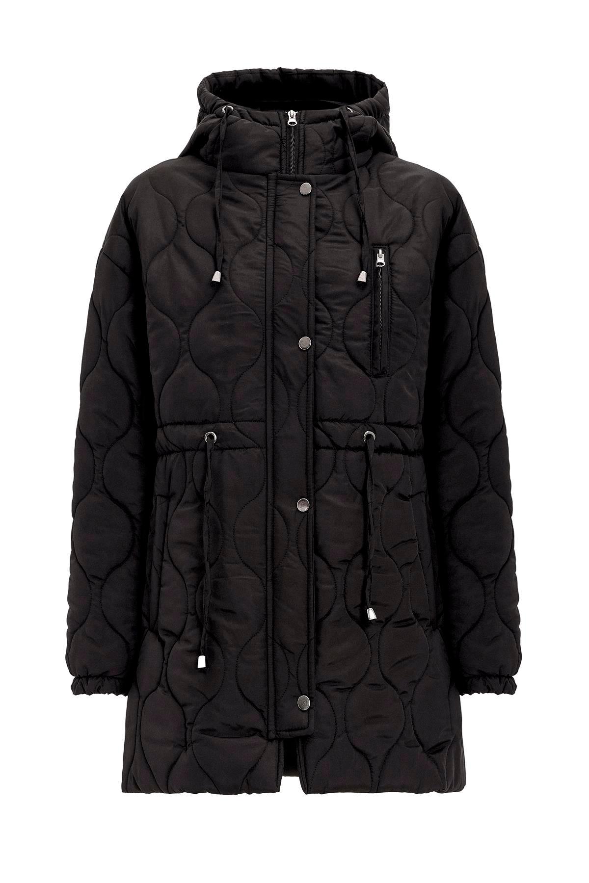 Hooded Tied Waist Short Quilted Coat BLACK 6777