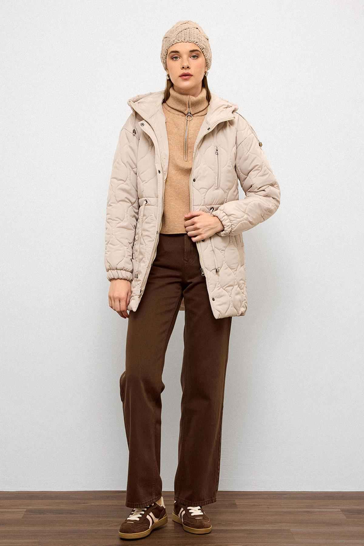 Hooded Tied Waist Short Quilted Coat STONE 6777