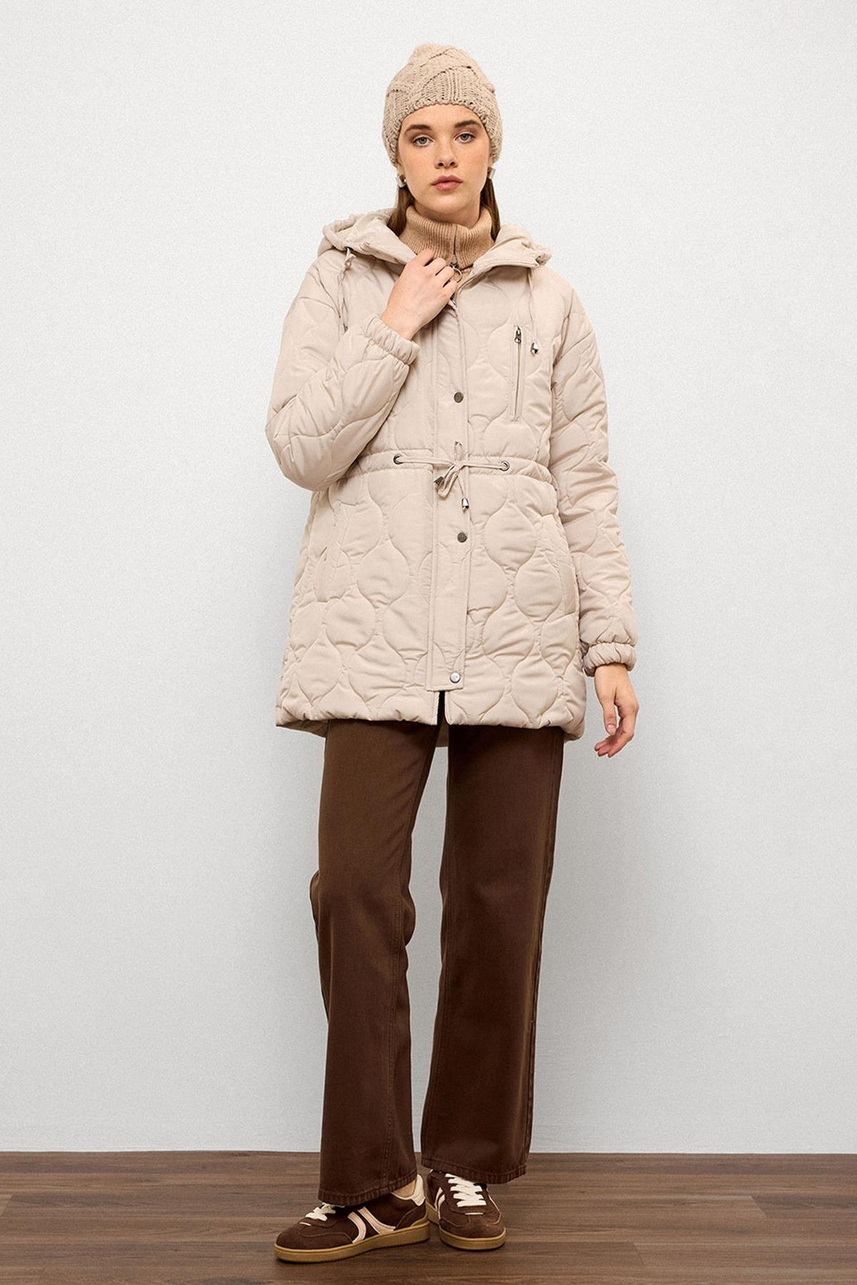 Hooded Tied Waist Short Quilted Coat STONE 6777