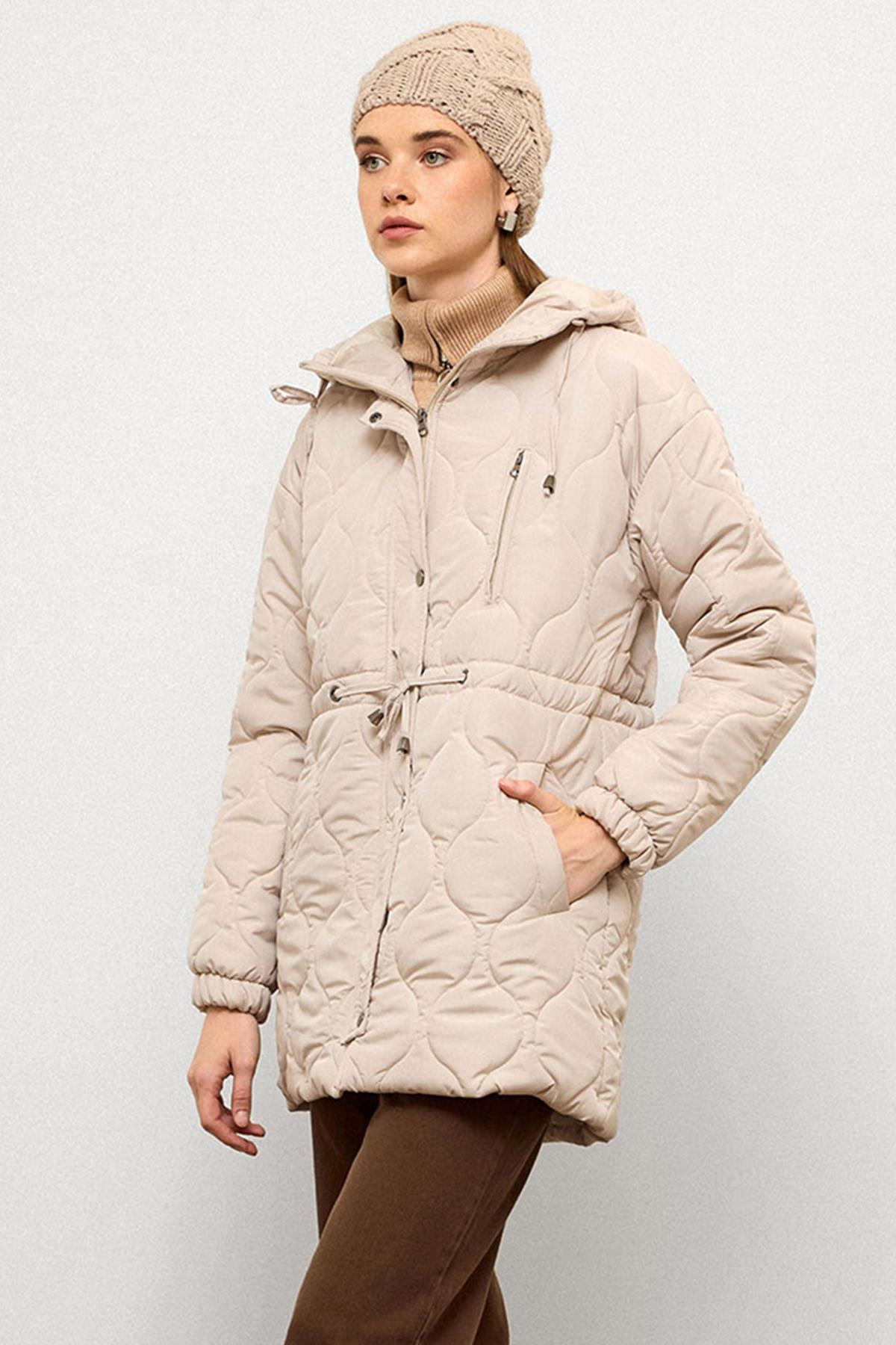 Hooded Tied Waist Short Quilted Coat STONE 6777
