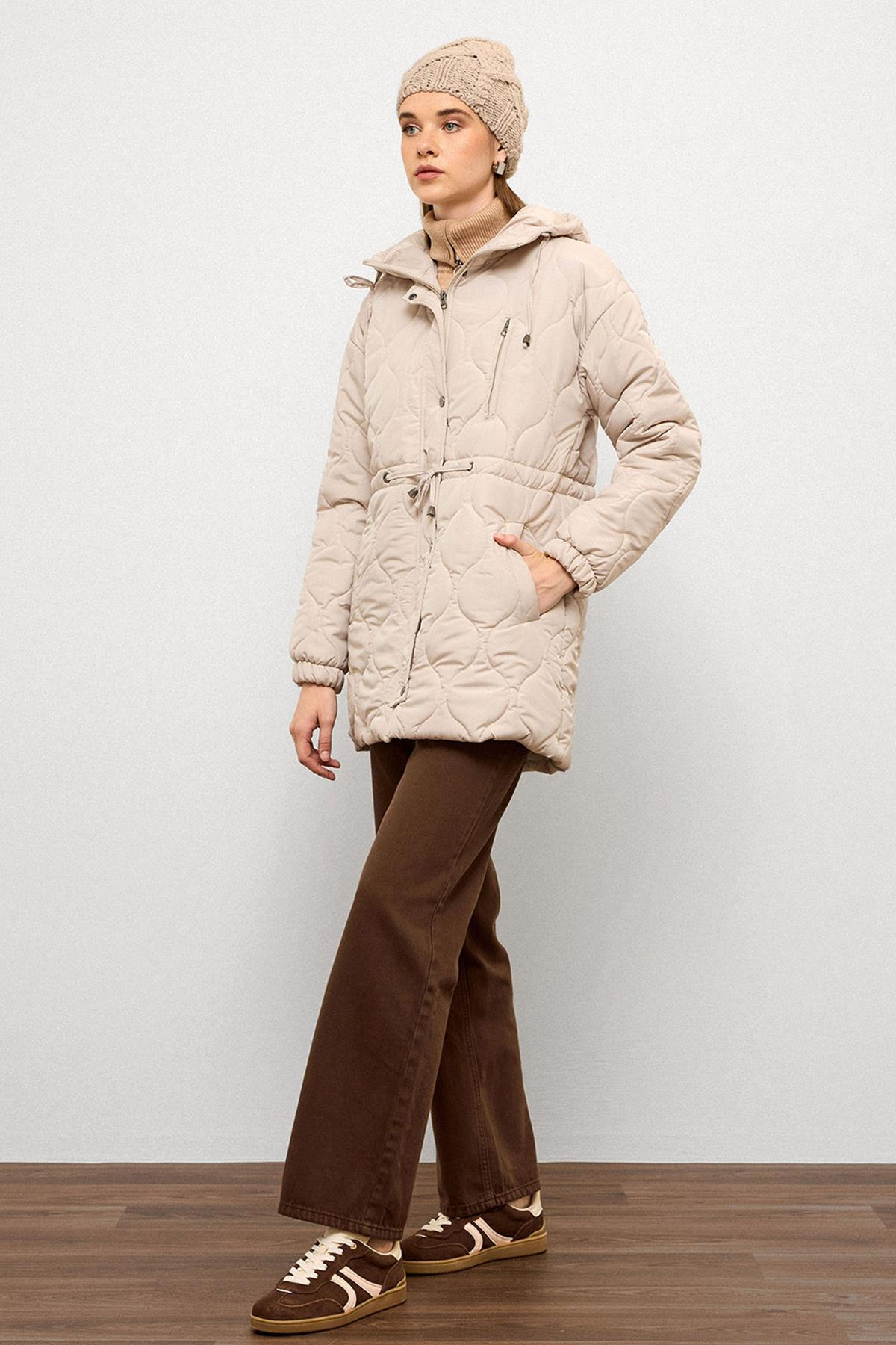 Hooded Tied Waist Short Quilted Coat STONE 6777