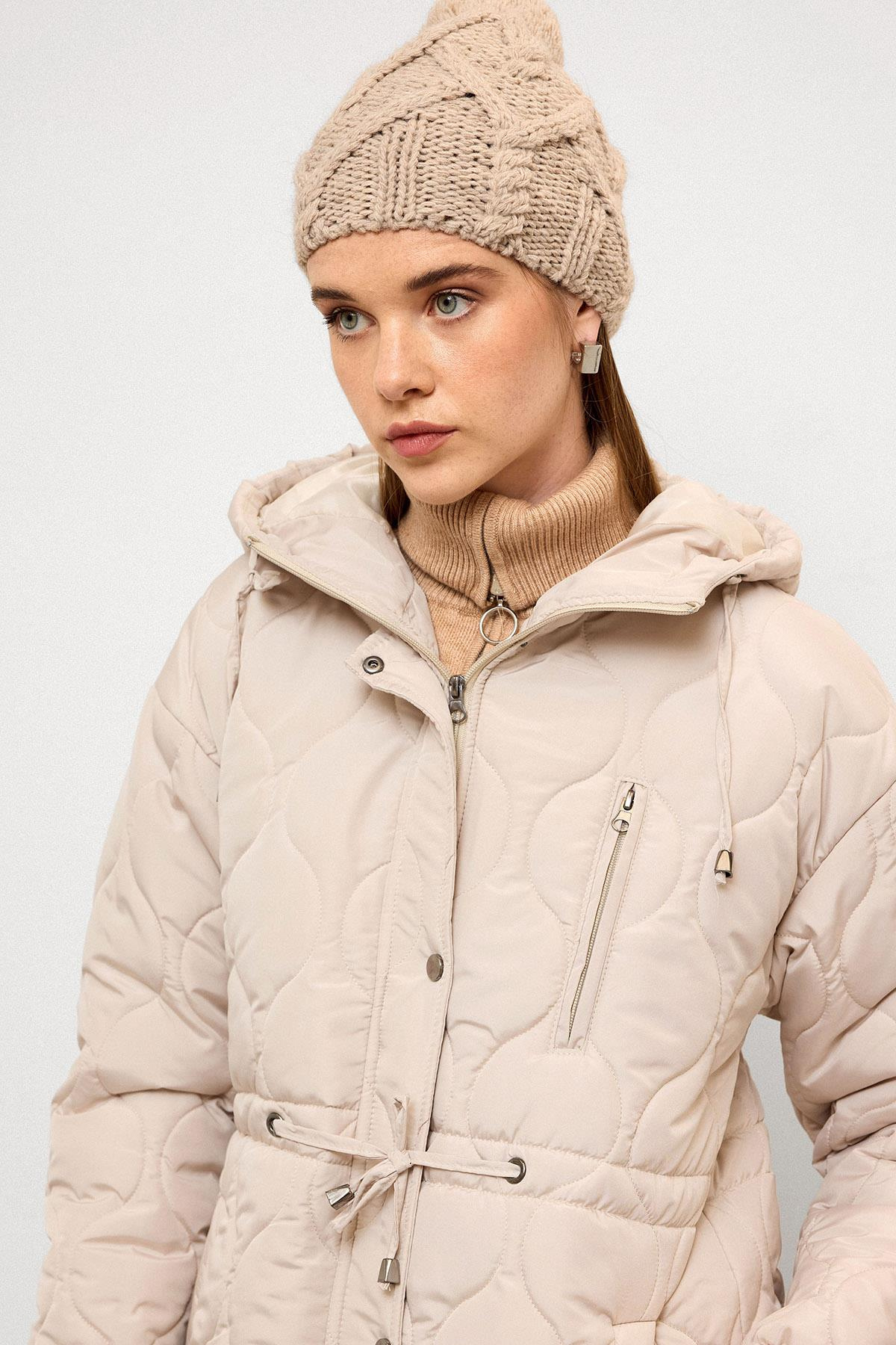 Hooded Tied Waist Short Quilted Coat STONE 6777