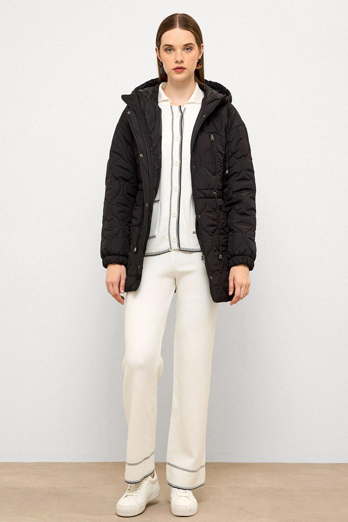 Hooded Tied Waist Short Quilted Coat BLACK 6777