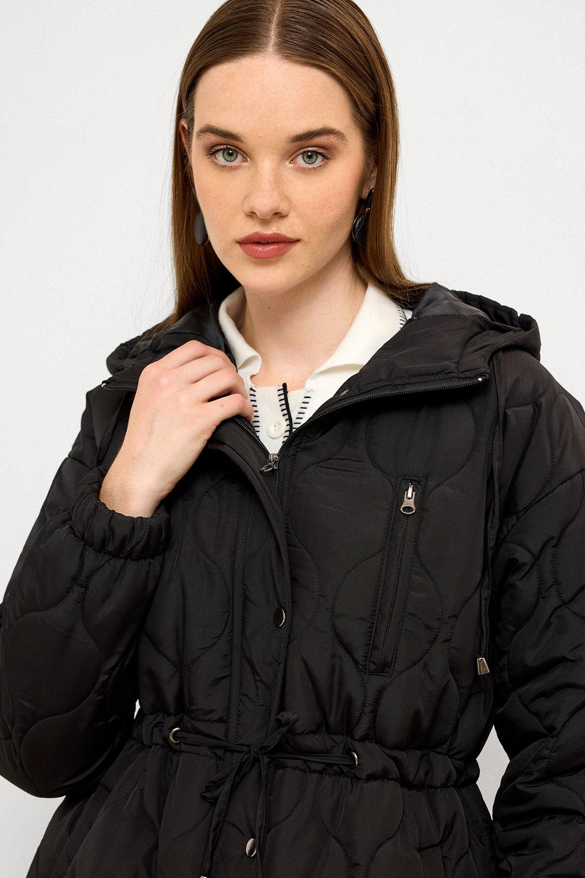 Hooded Tied Waist Short Quilted Coat BLACK 6777
