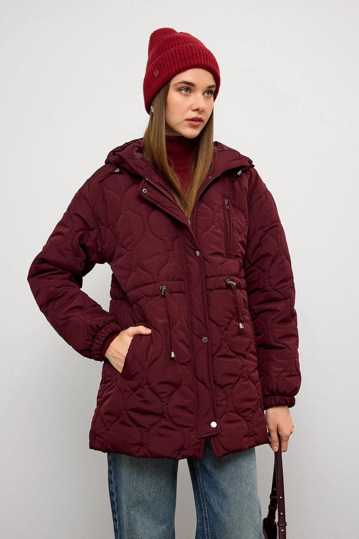 Hooded Tied Waist Short Quilted Coat CLARET RED 6777
