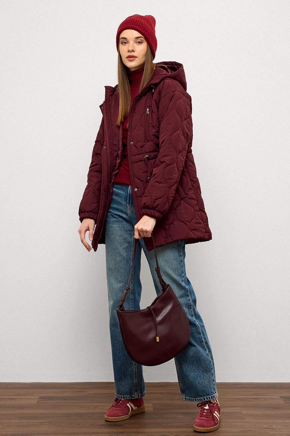Hooded Tied Waist Short Quilted Coat CLARET RED 6777