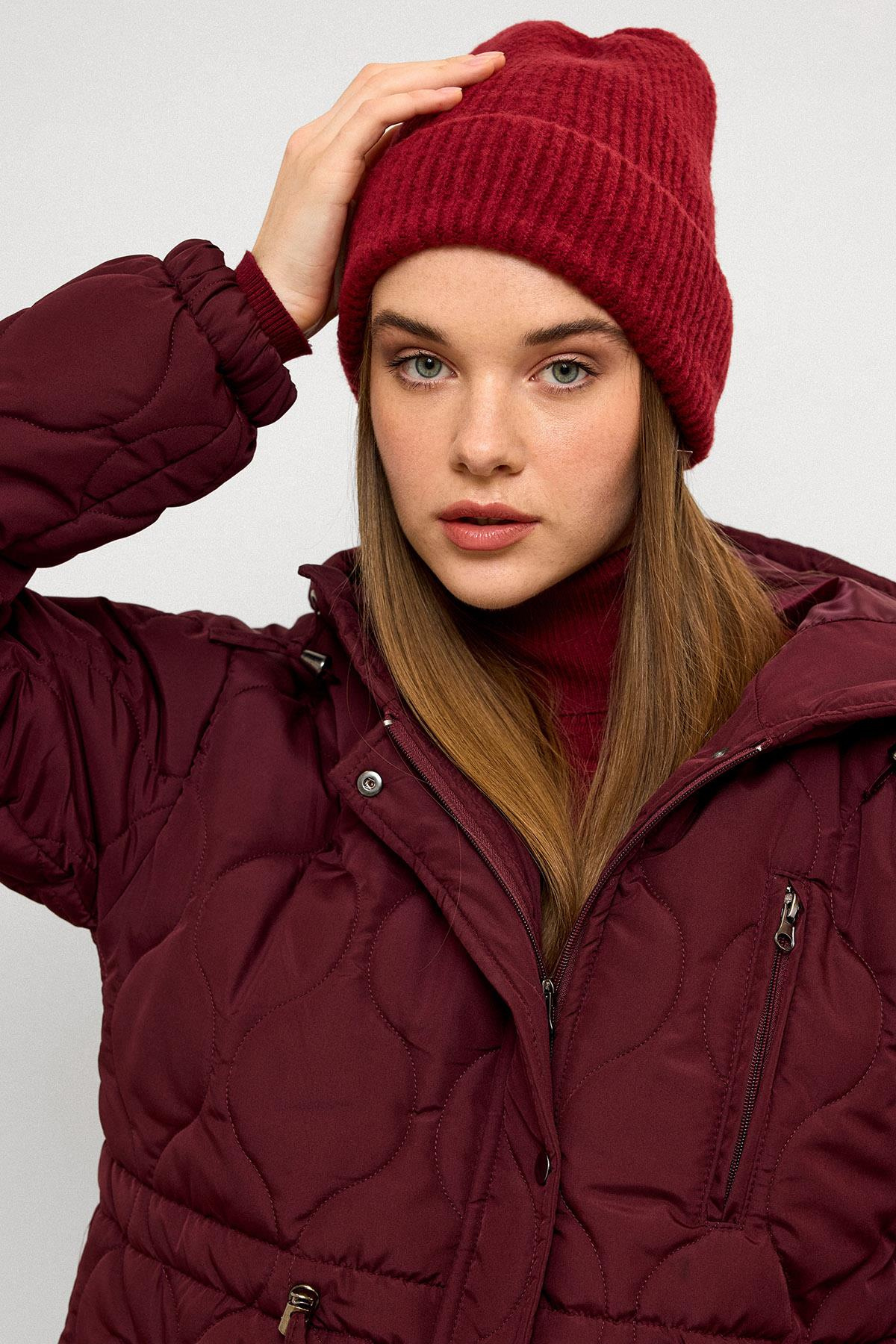 Hooded Tied Waist Short Quilted Coat CLARET RED 6777