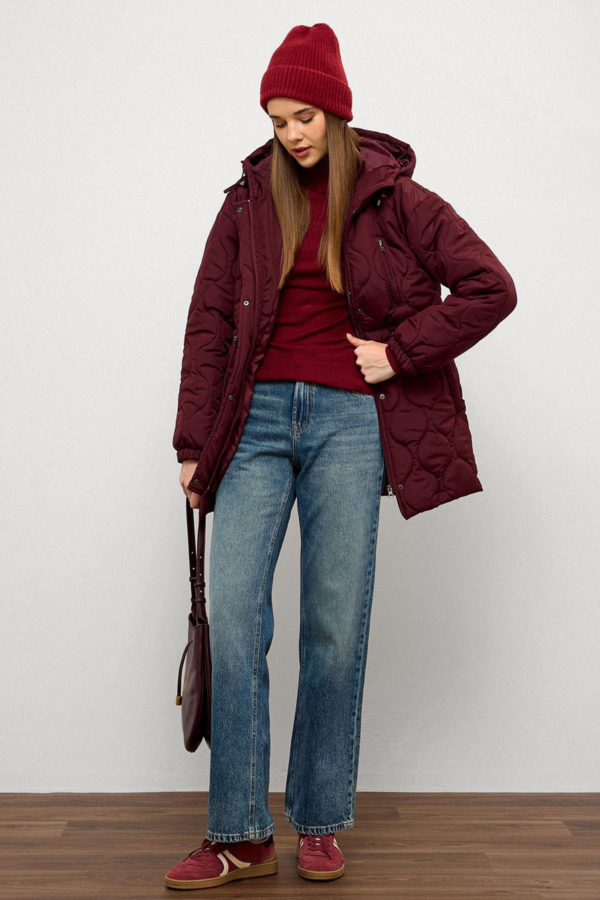 Hooded Tied Waist Short Quilted Coat CLARET RED 6777