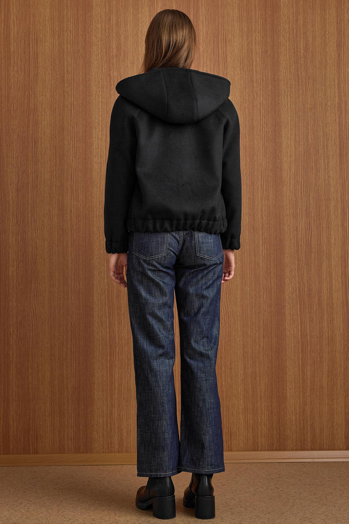 Kapüşonlu Beli Lastikli Oversize Kısa Kaban SİYAH 3162