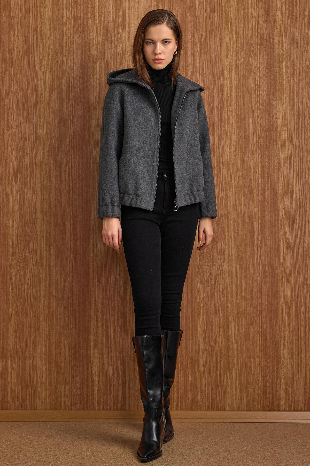 Kapüşonlu Beli Lastikli Oversize Kısa Kaban KOYU GRİ 3162