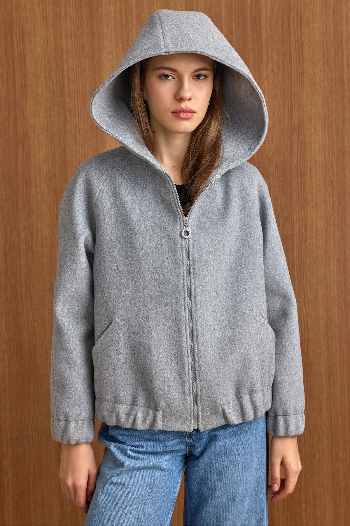 Kapüşonlu Beli Lastikli Oversize Kısa Kaban AÇIK GRİ 3162