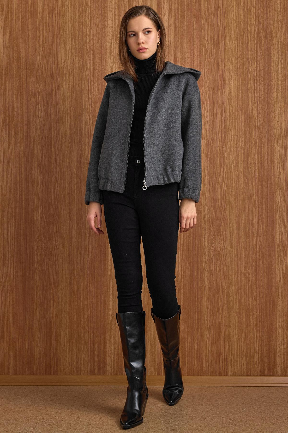 Kapüşonlu Beli Lastikli Oversize Kısa Kaban KOYU GRİ 3162