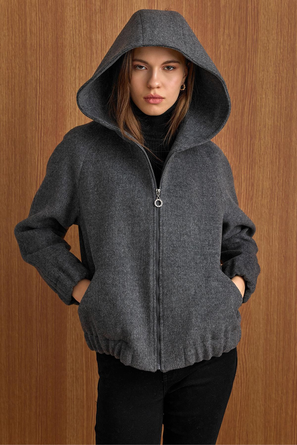 Kapüşonlu Beli Lastikli Oversize Kısa Kaban KOYU GRİ 3162