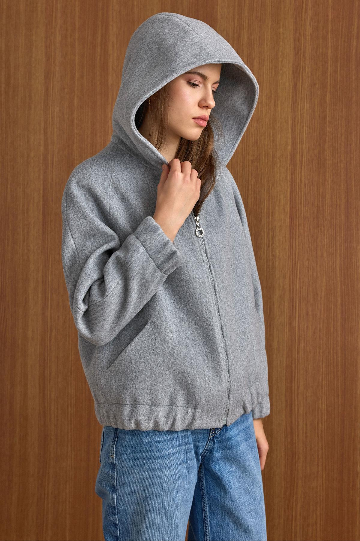 Kapüşonlu Beli Lastikli Oversize Kısa Kaban AÇIK GRİ 3162