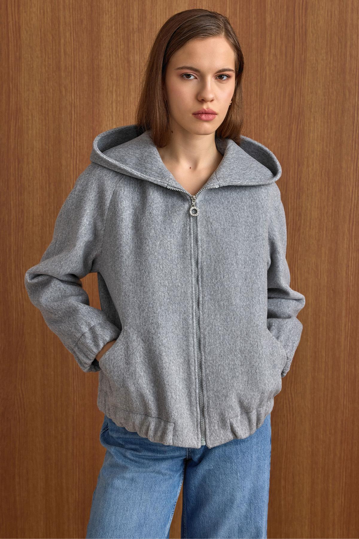 Kapüşonlu Beli Lastikli Oversize Kısa Kaban AÇIK GRİ 3162