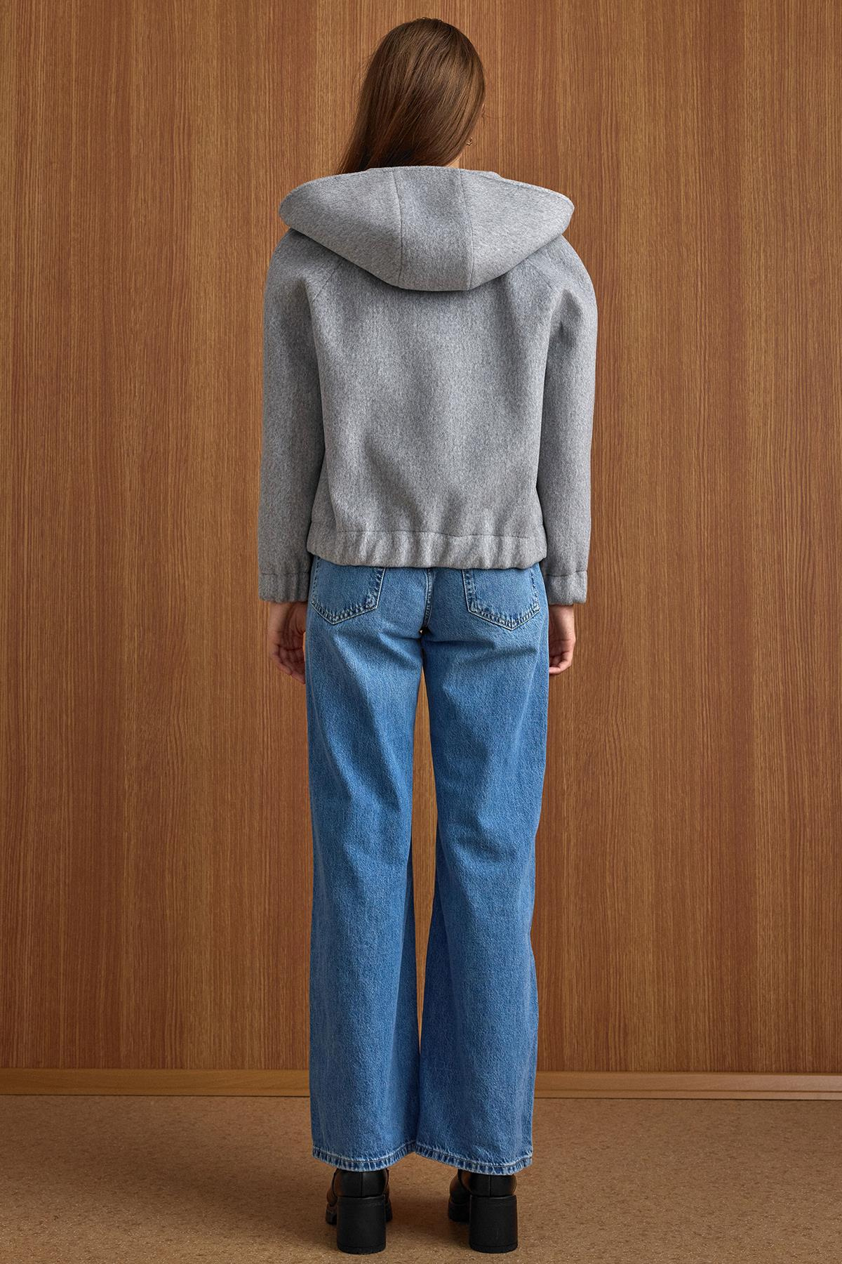 Kapüşonlu Beli Lastikli Oversize Kısa Kaban AÇIK GRİ 3162