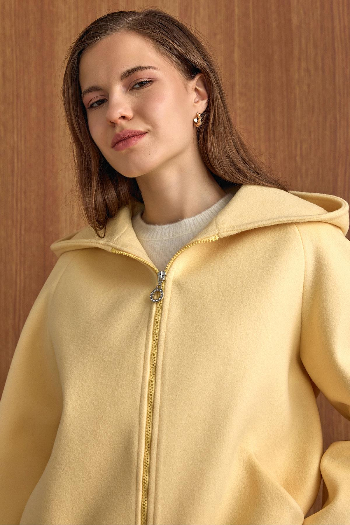 Kapüşonlu Beli Lastikli Oversize Kısa Kaban SARI 3162