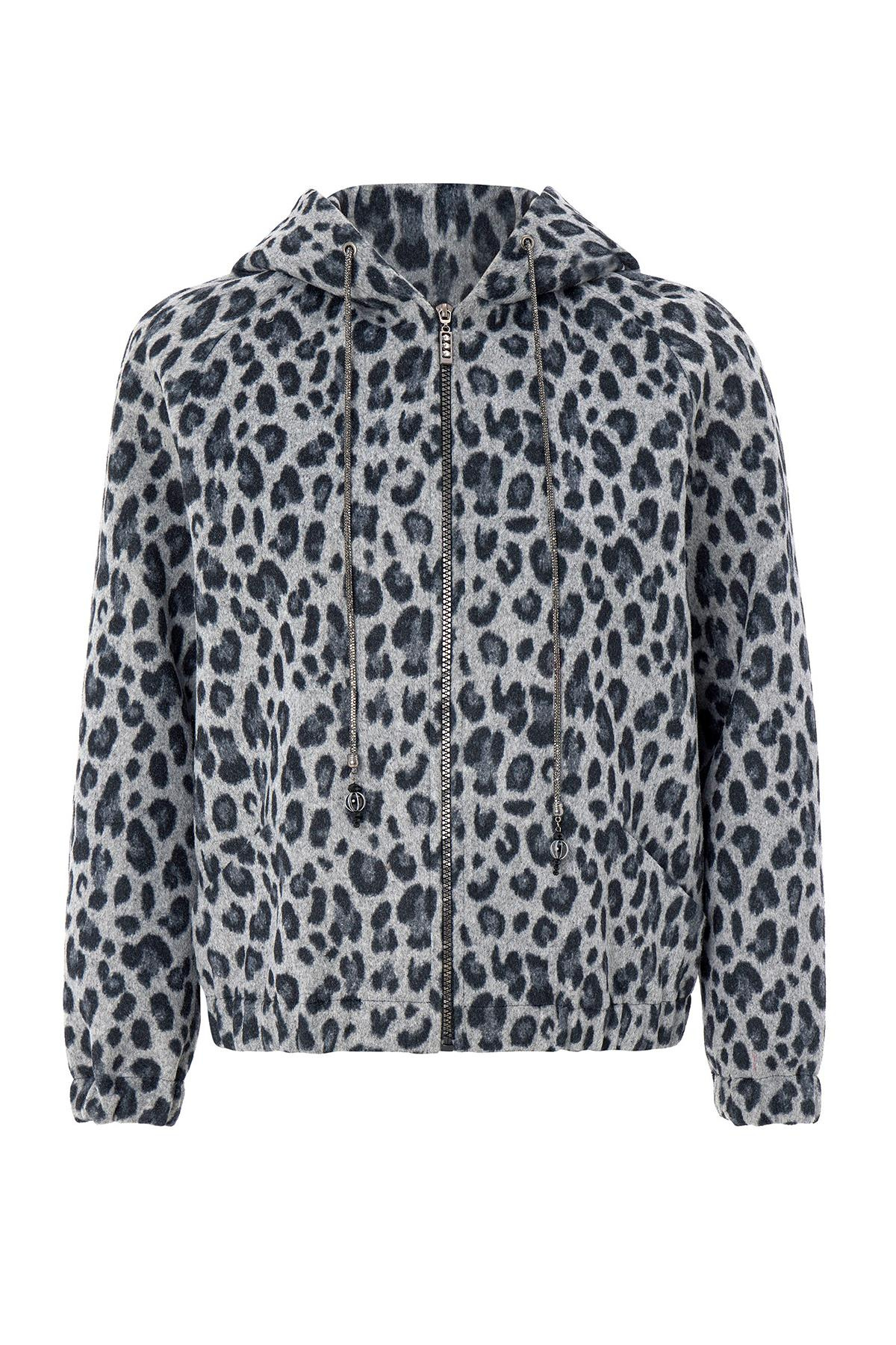 Kapüşonlu Beli Lastikli Oversize Leopar Desenli Kısa Kaban GRİ 3162-L