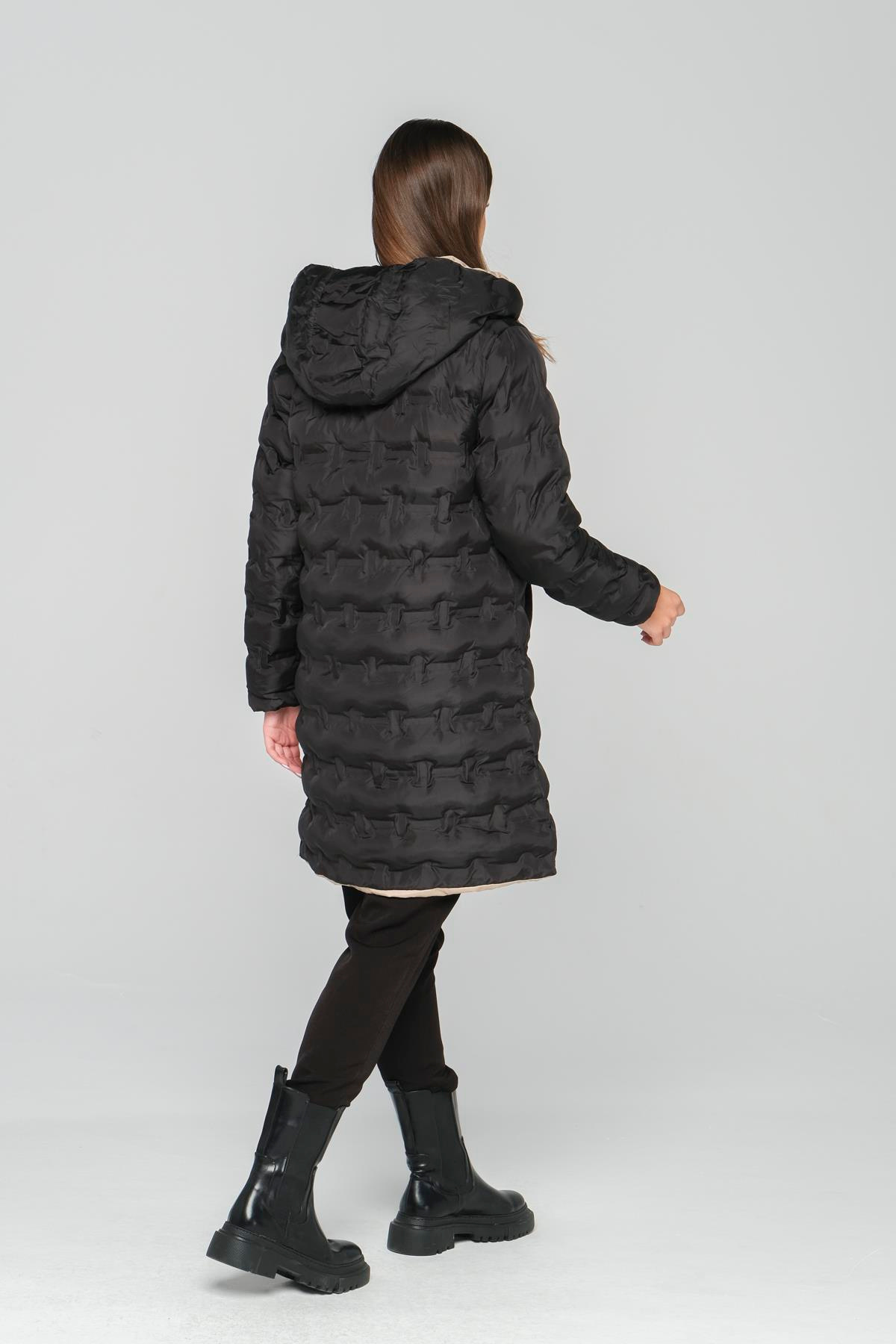 Kapüşonlu Çift Taraflı Desenli Şişme Mont SİYAH-TAŞ 6391