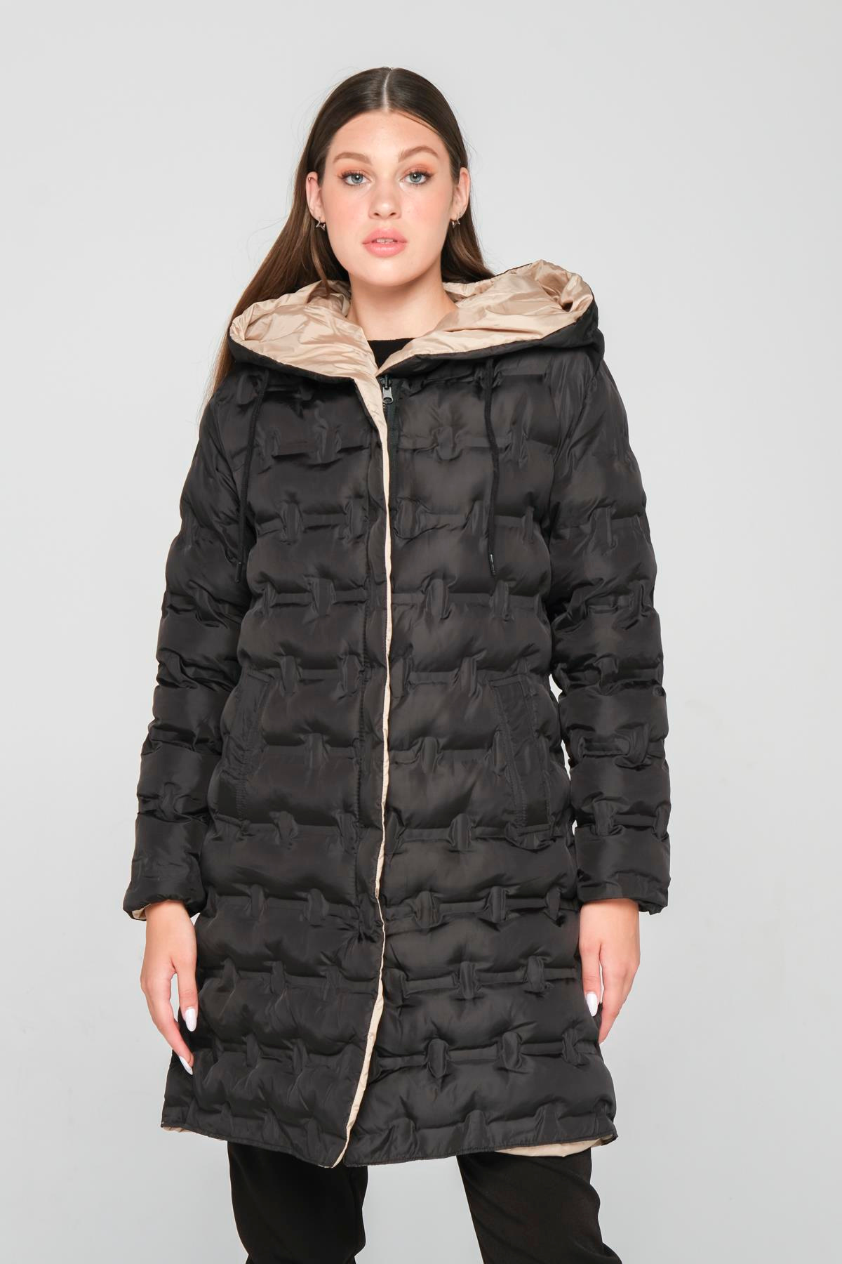 Kapüşonlu Çift Taraflı Desenli Şişme Mont SİYAH-TAŞ 6391