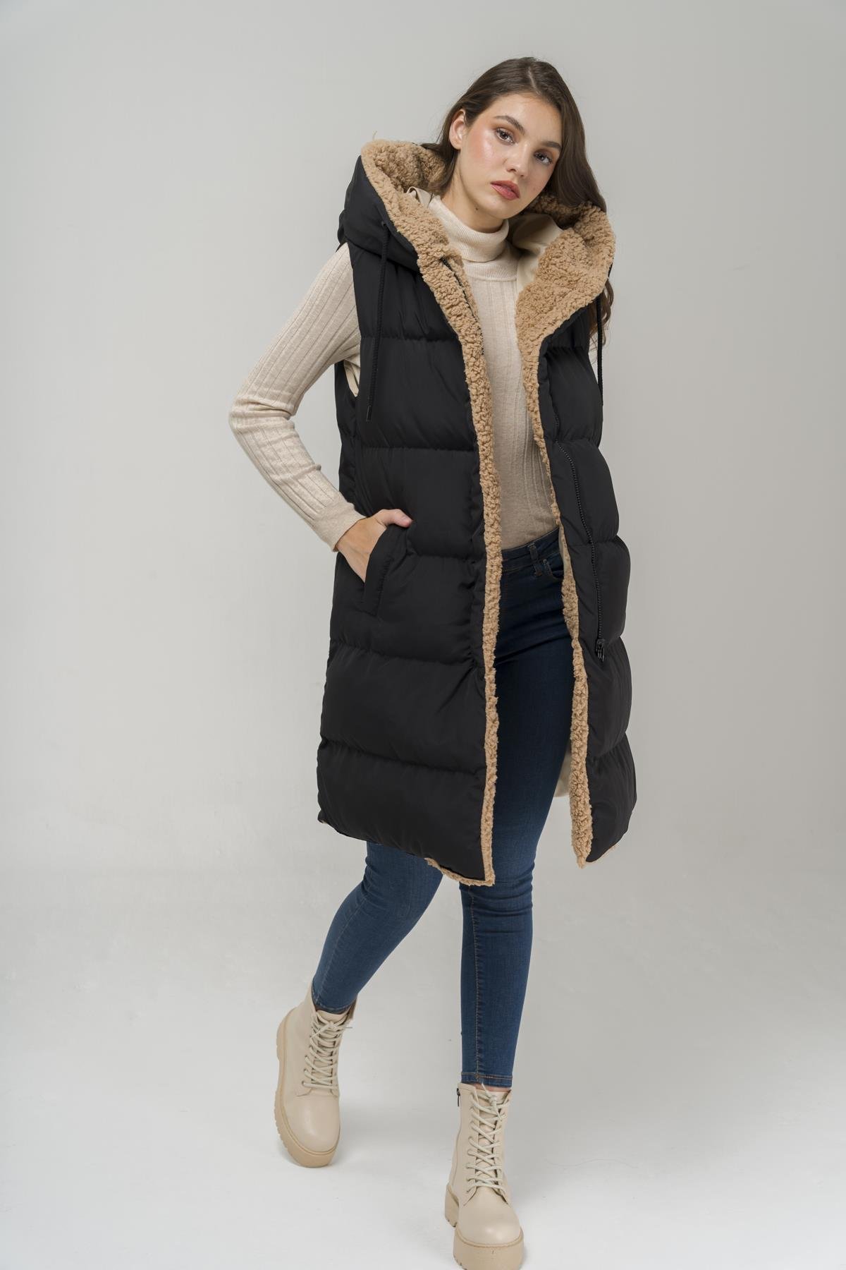 Kapüşonlu Çift Taraflı Müflon Detaylı Şişme Yelek SİYAH-TAŞ 8227