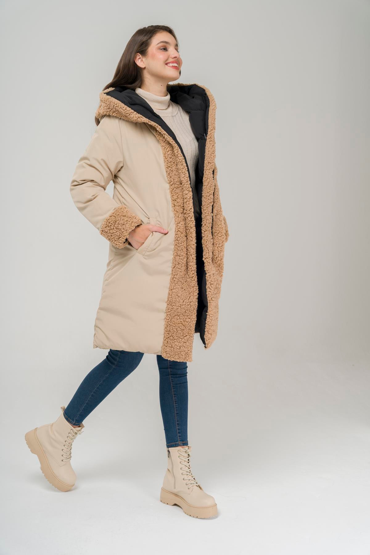 Kapüşonlu Çift Taraflı Müflon Detaylı Şişme Mont SİYAH-TAŞ 6491