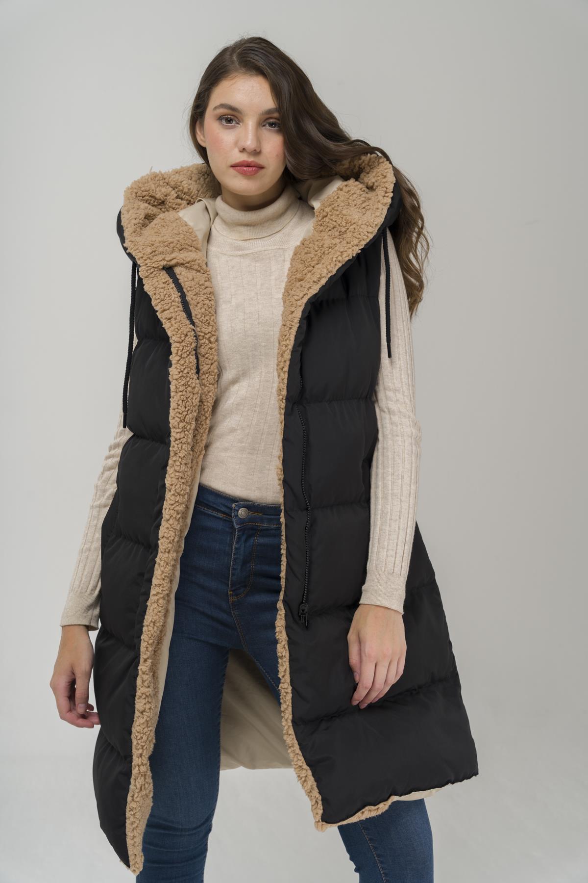 Kapüşonlu Çift Taraflı Müflon Detaylı Şişme Yelek SİYAH-TAŞ 8227