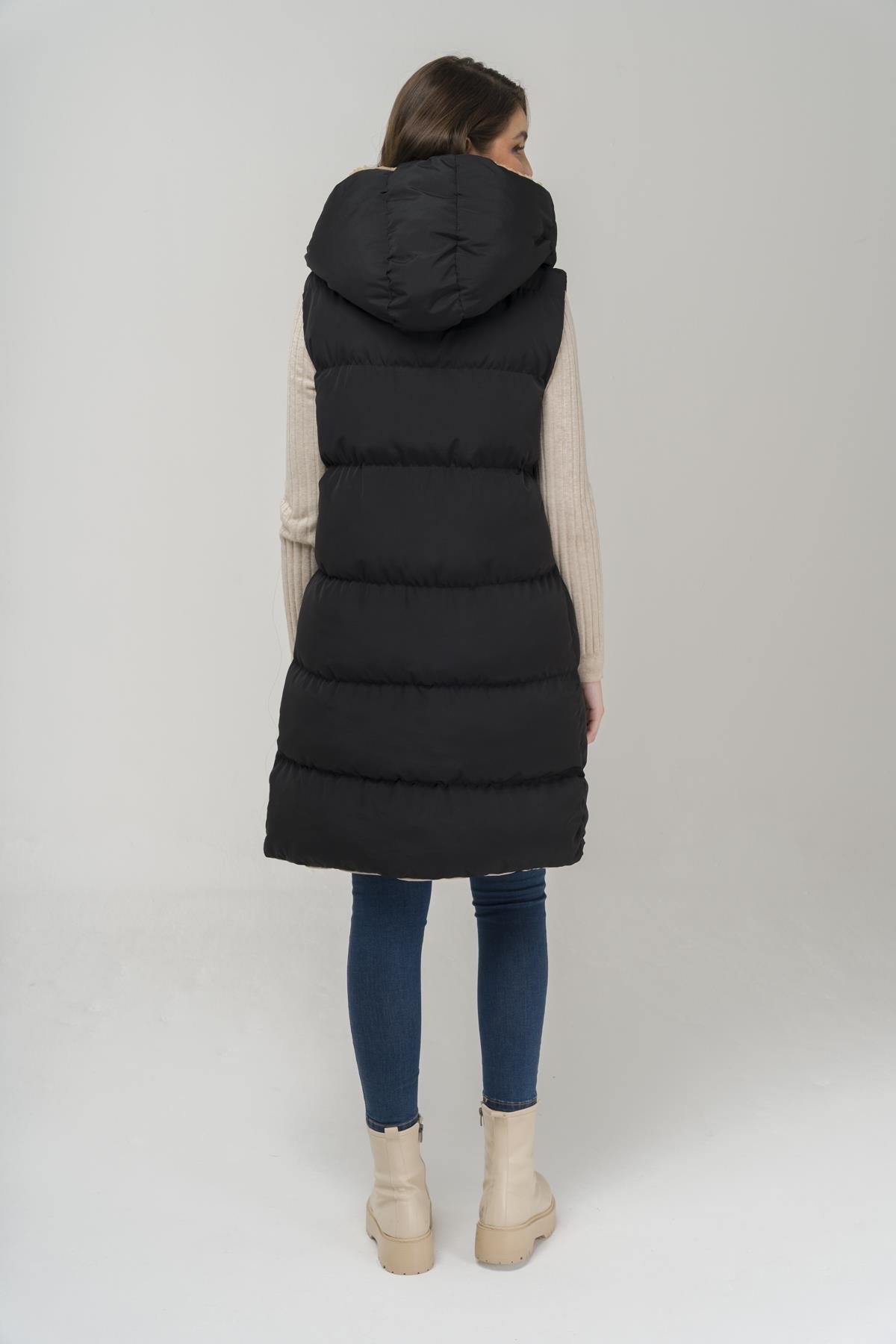 Kapüşonlu Çift Taraflı Müflon Detaylı Şişme Yelek SİYAH-TAŞ 8227