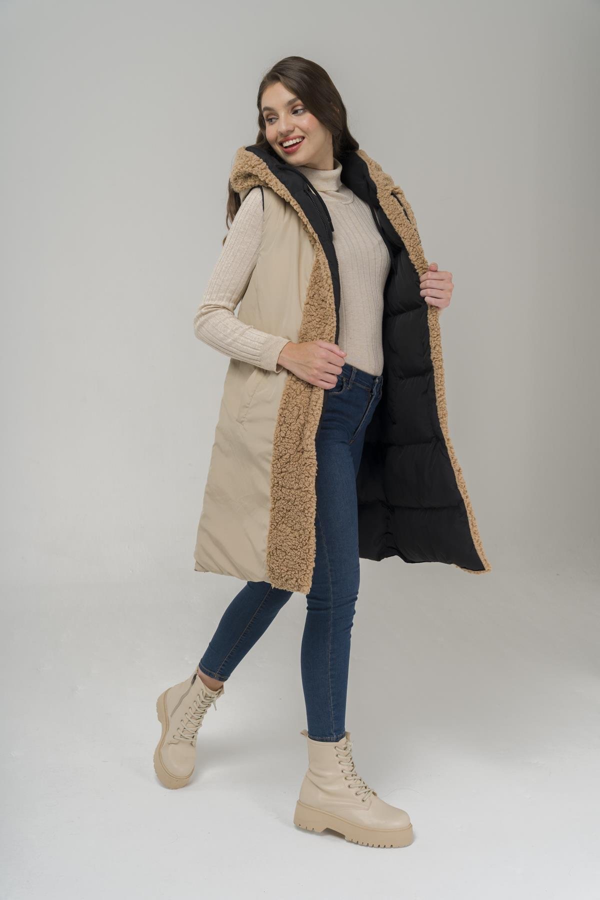 Kapüşonlu Çift Taraflı Müflon Detaylı Şişme Yelek SİYAH-TAŞ 8227