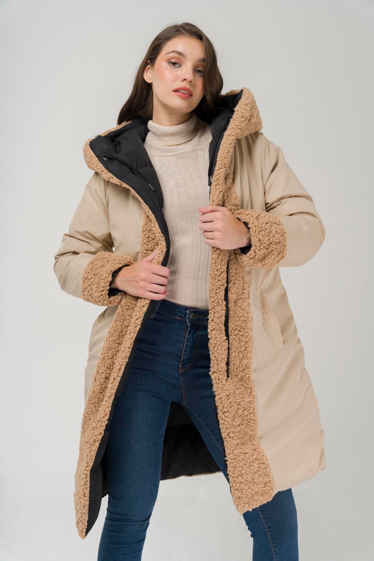 Kapüşonlu Çift Taraflı Müflon Detaylı Şişme Mont SİYAH-TAŞ 6491