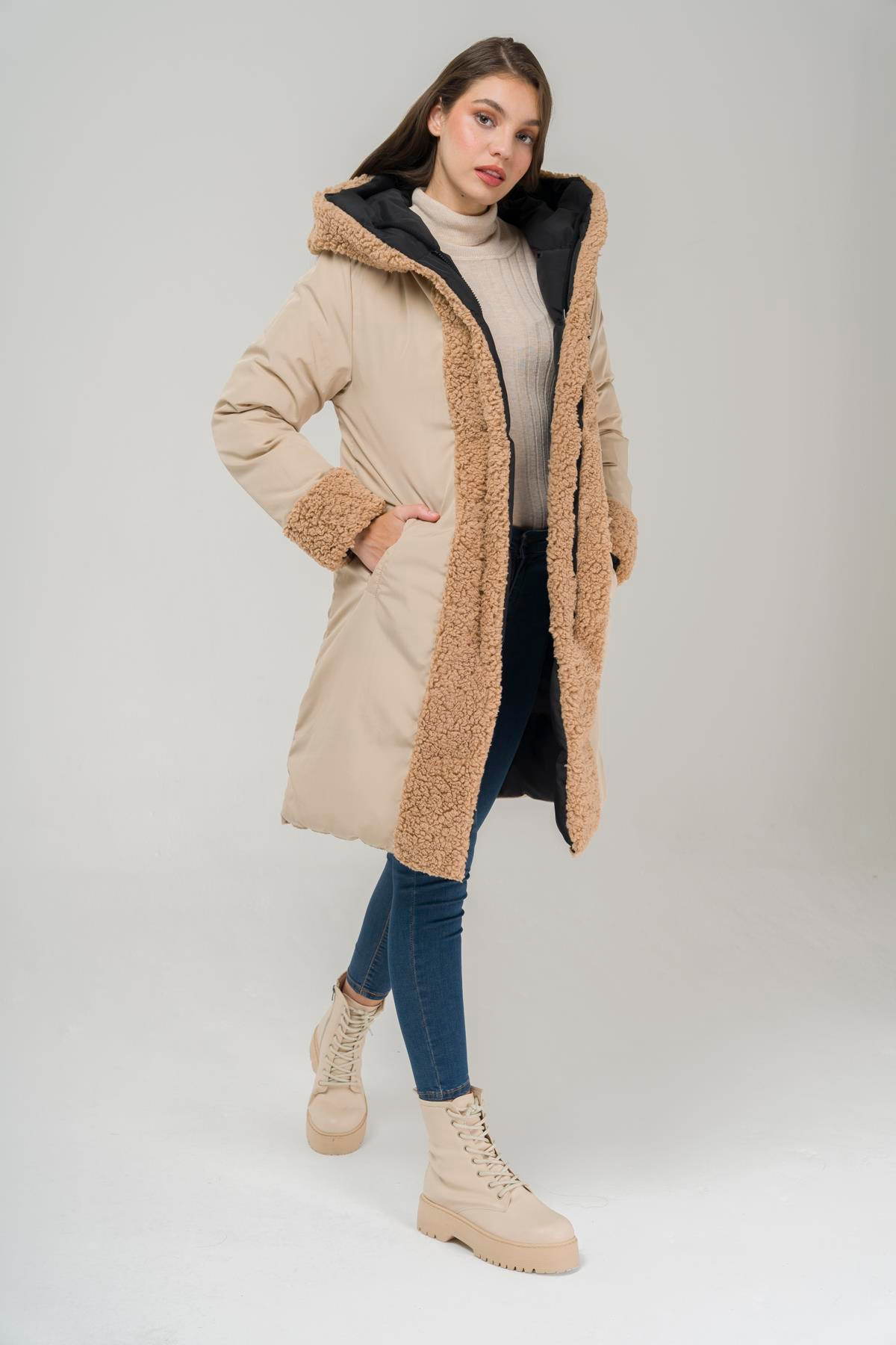 Kapüşonlu Çift Taraflı Müflon Detaylı Şişme Mont SİYAH-TAŞ 6491