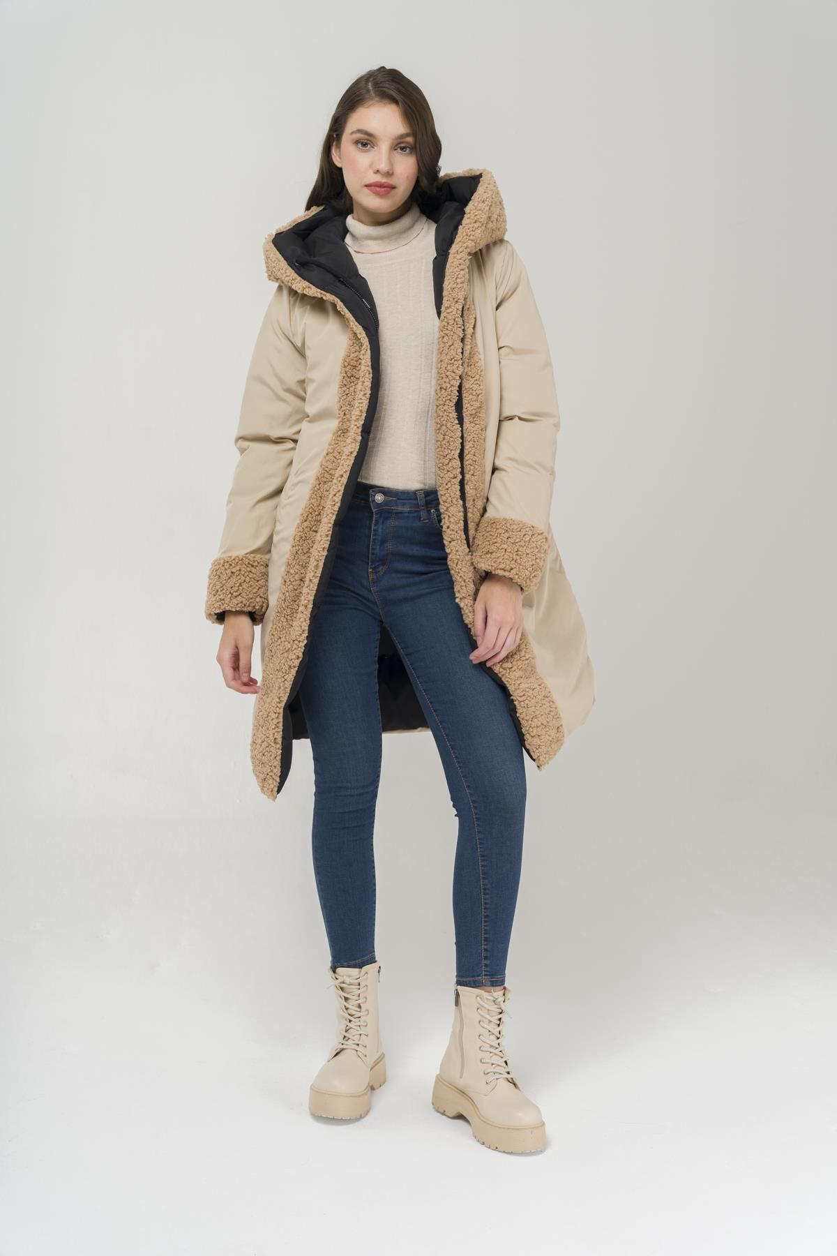 Kapüşonlu Çift Taraflı Müflon Detaylı Şişme Mont SİYAH-TAŞ 6491