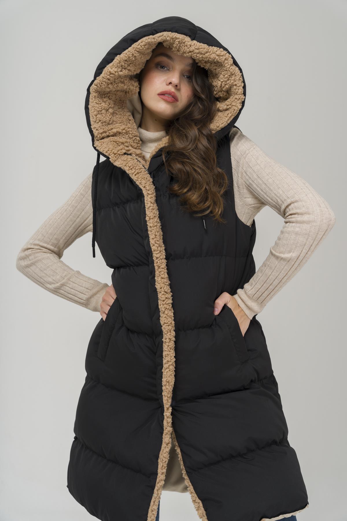 Kapüşonlu Çift Taraflı Müflon Detaylı Şişme Yelek SİYAH-TAŞ 8227