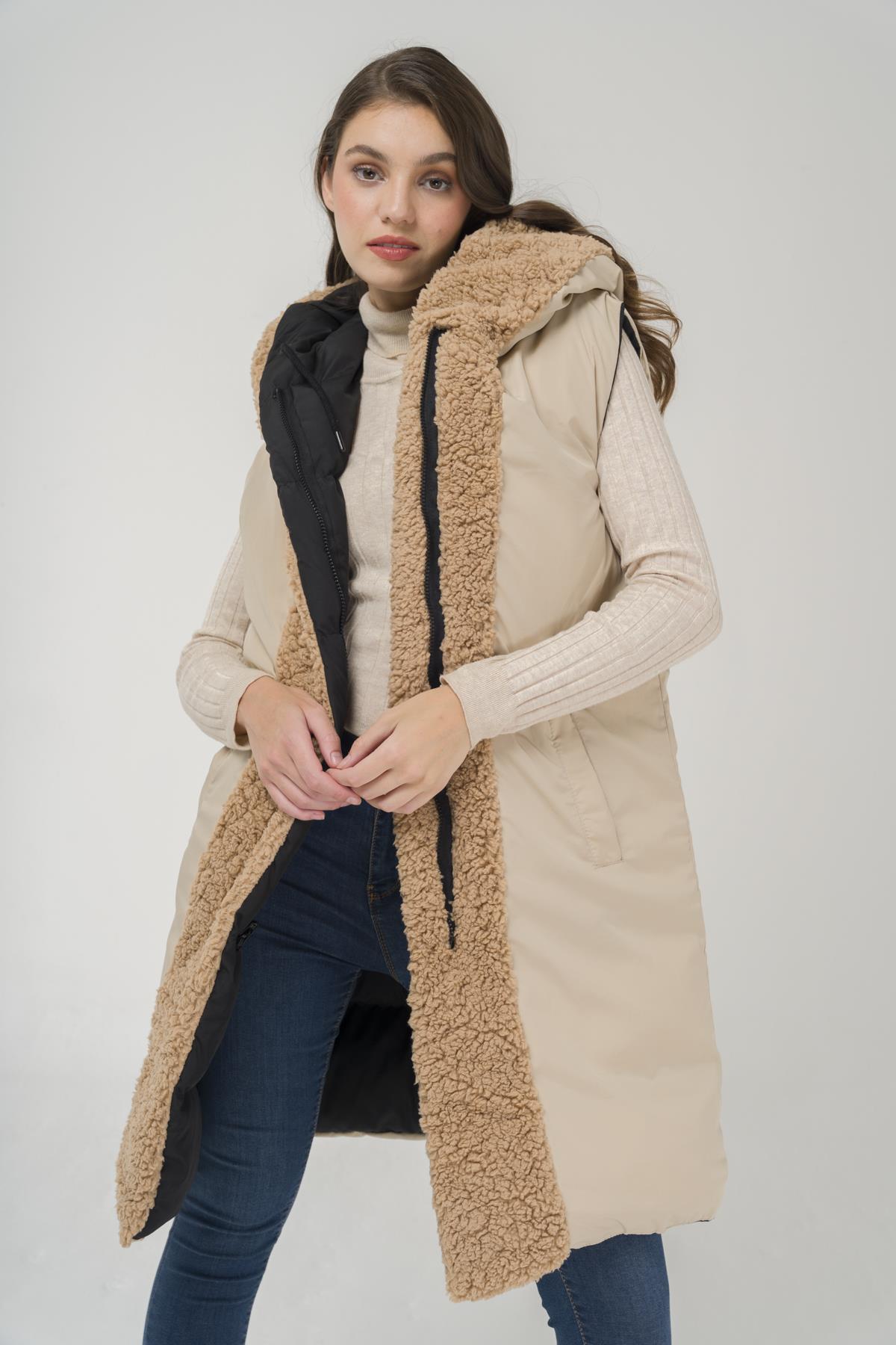 Kapüşonlu Çift Taraflı Müflon Detaylı Şişme Yelek SİYAH-TAŞ 8227