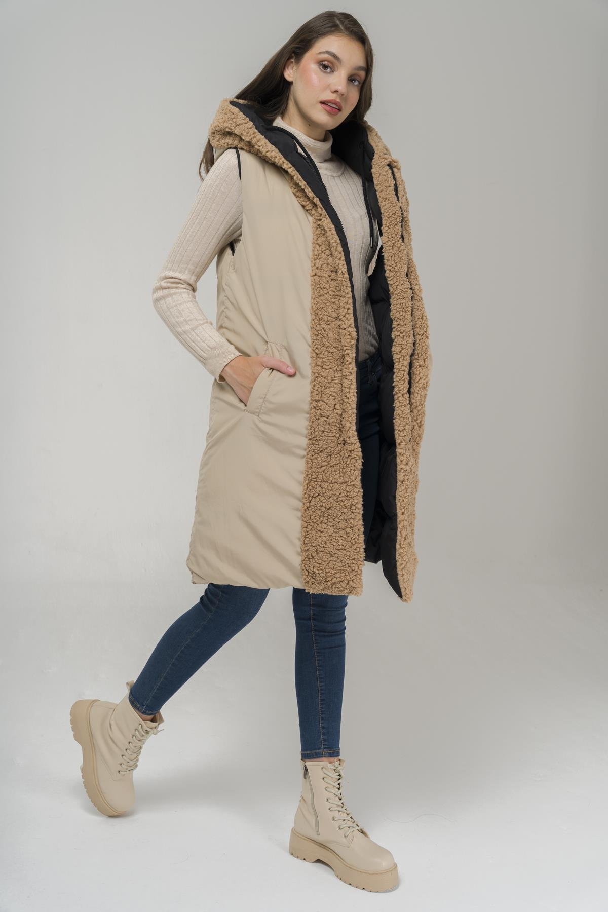 Kapüşonlu Çift Taraflı Müflon Detaylı Şişme Yelek SİYAH-TAŞ 8227