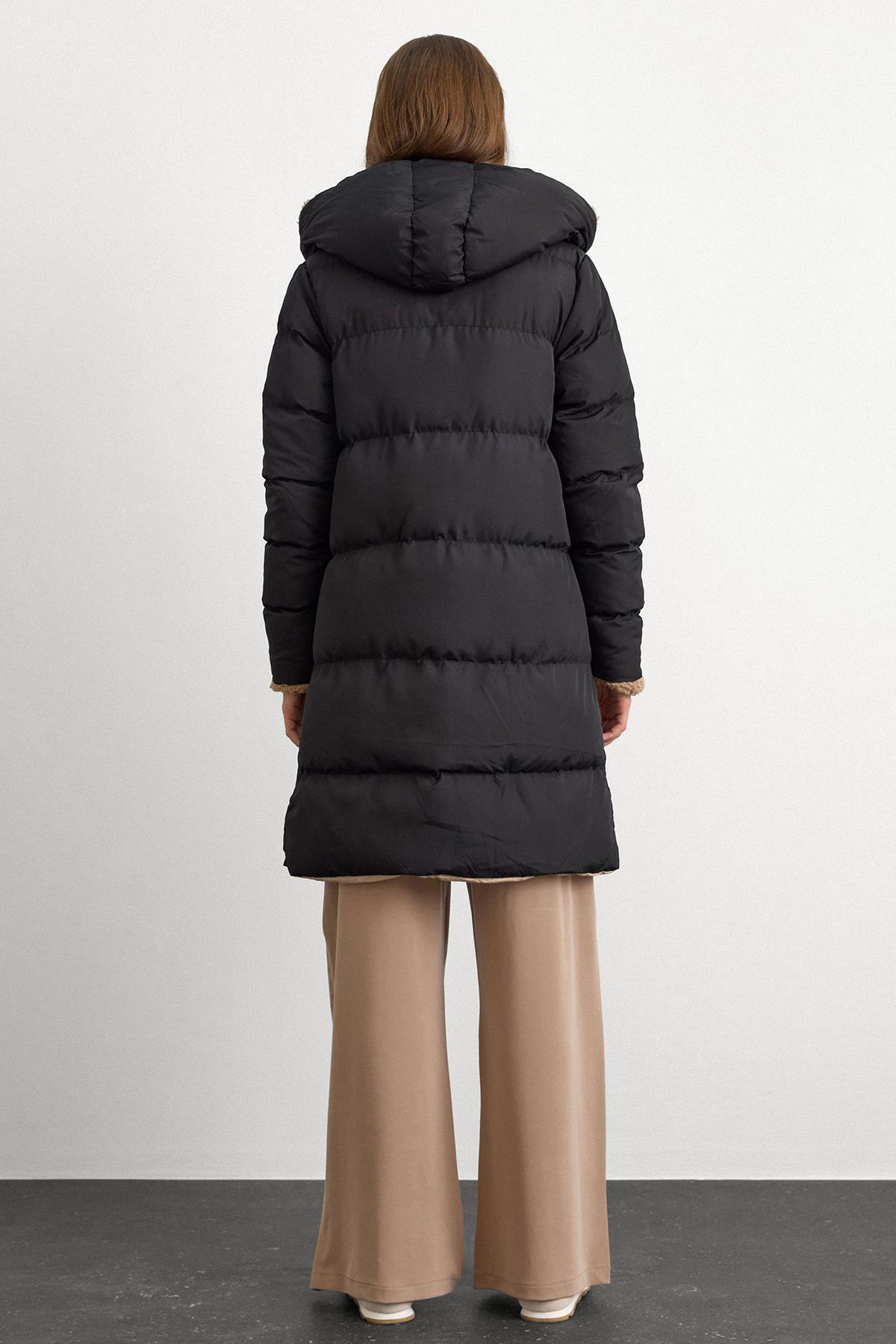 Kapüşonlu Çift Taraflı Müflon Detaylı Şişme Mont SİYAH-TAŞ 6491