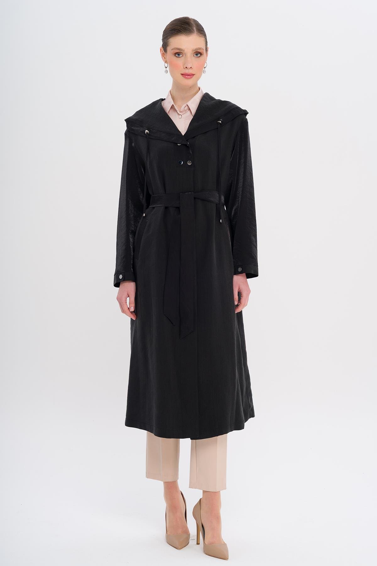 Hooded Snap Detail Unlined Coat BLACK 6749