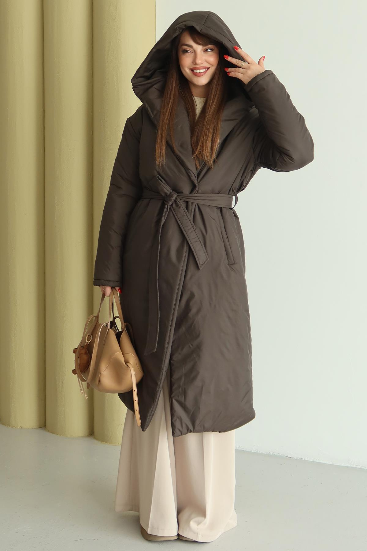 Kapüşonlu Çıt Çıt Kapamalı Elyaflı Uzun Mont KAHVE 6815
