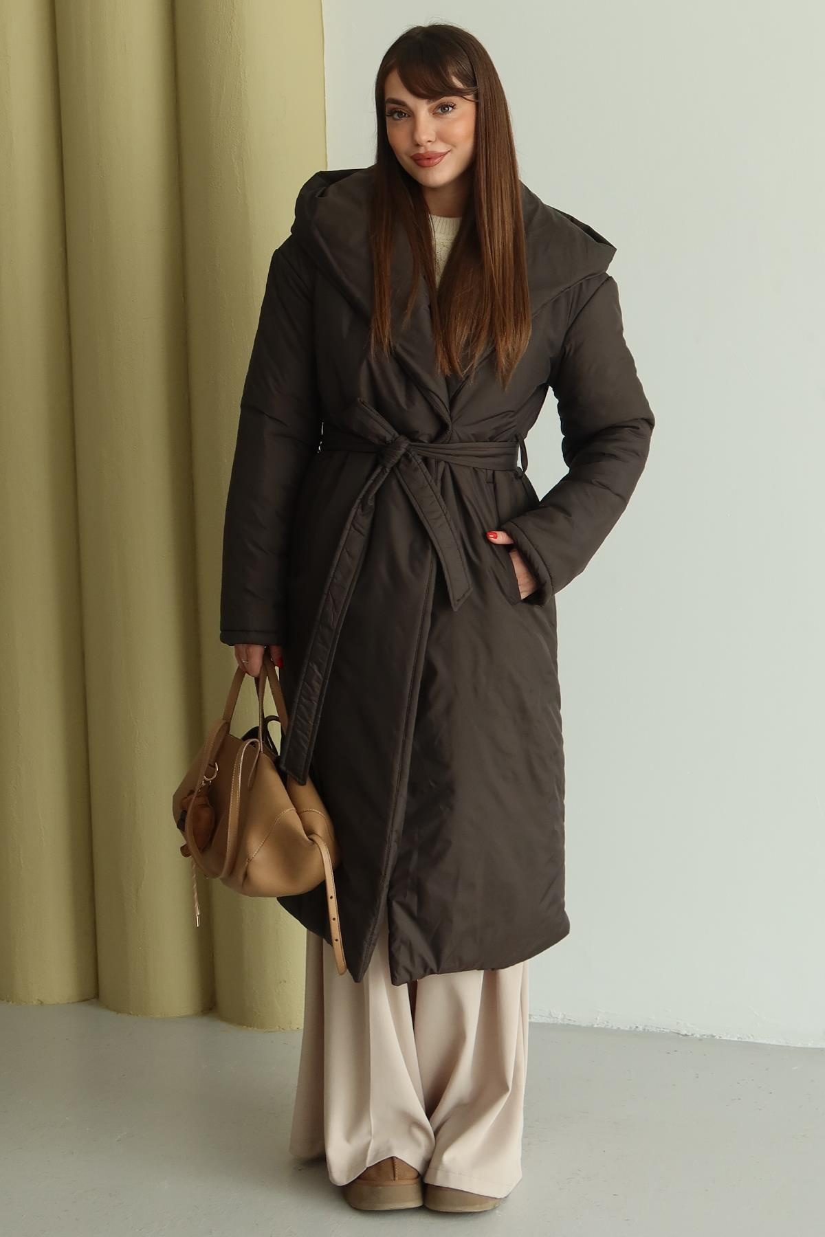 Kapüşonlu Çıt Çıt Kapamalı Elyaflı Uzun Mont KAHVE 6815