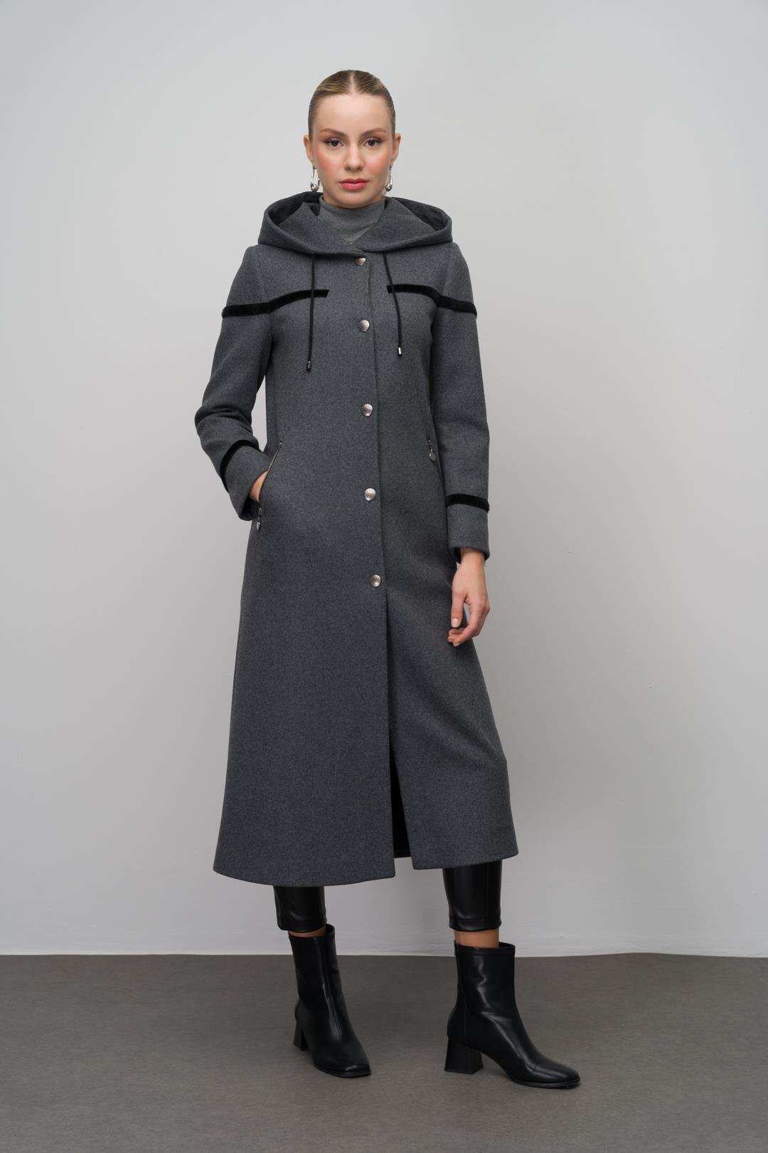 Hooded Snap Closure Wool Blend Long Coat HARD COAL 6631