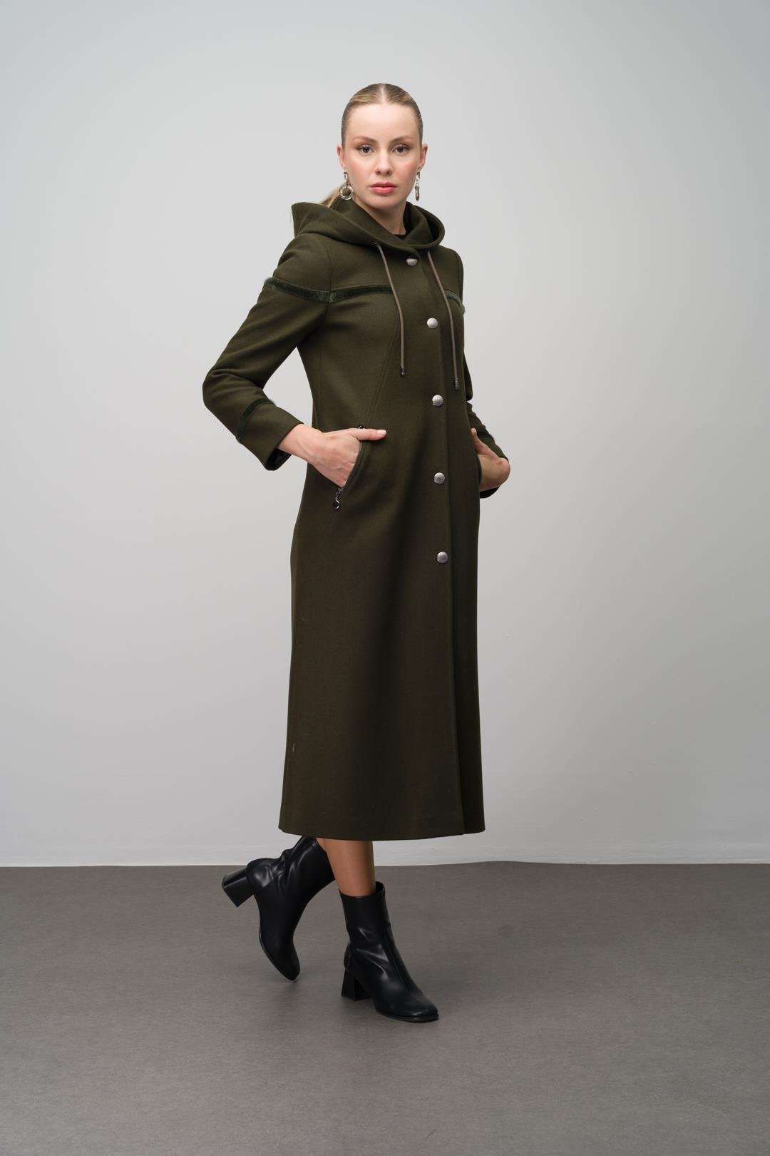 Hooded Snap Closure Wool Blend Long Coat DRAB 6631