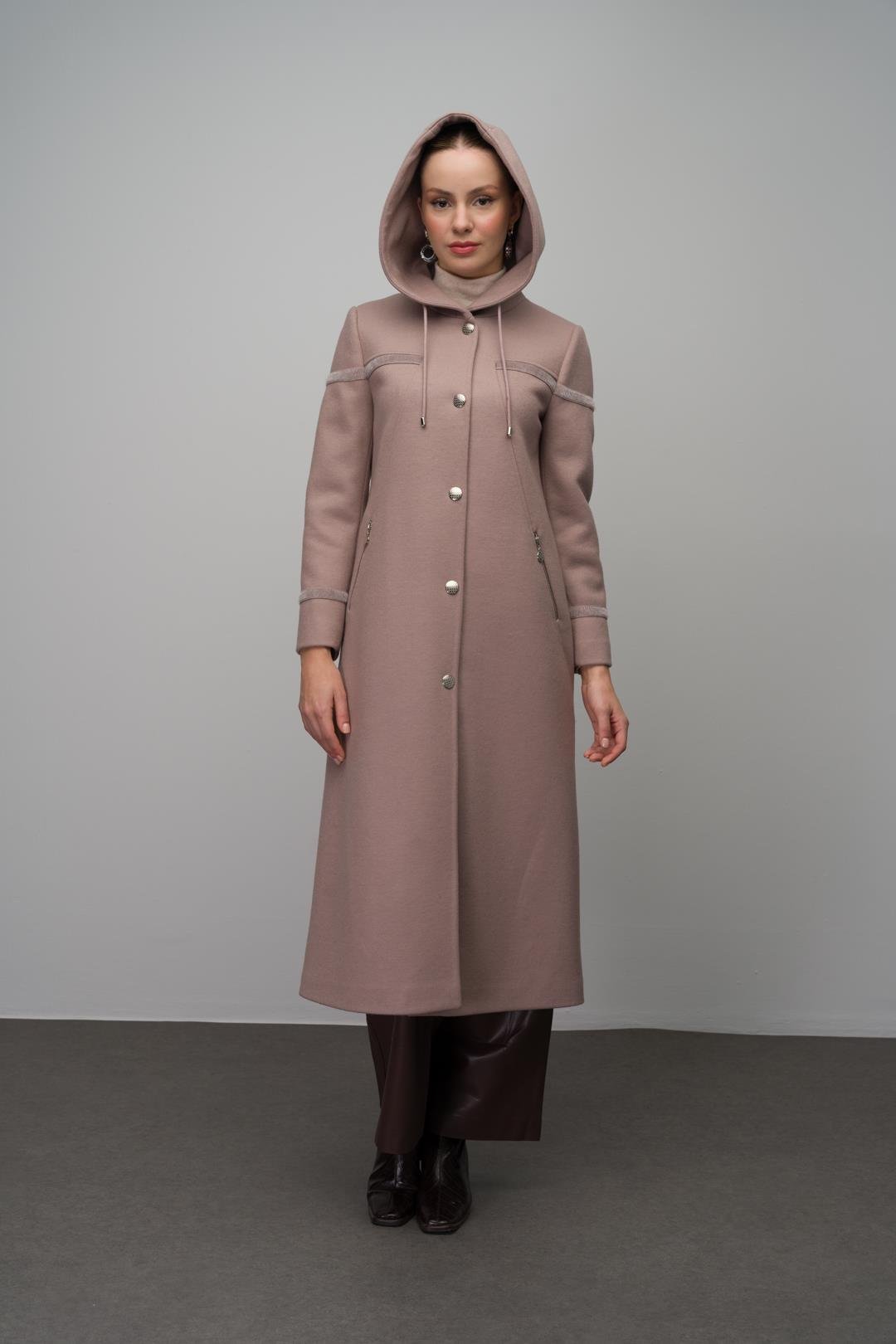 Hooded Snap Closure Wool Blend Long Coat IVORY 6631