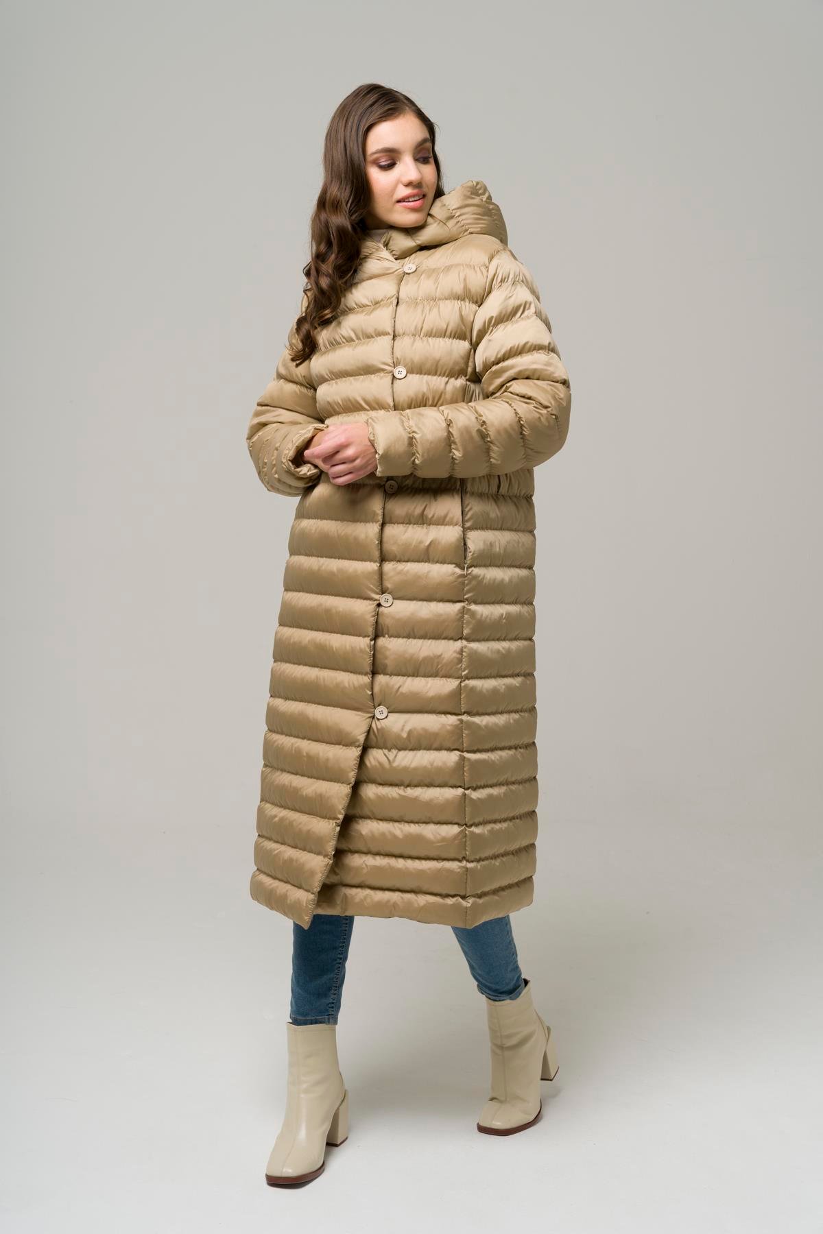 Kapüşonlu Düğme Kapamalı Uzun Şişme Mont TAŞ 6494