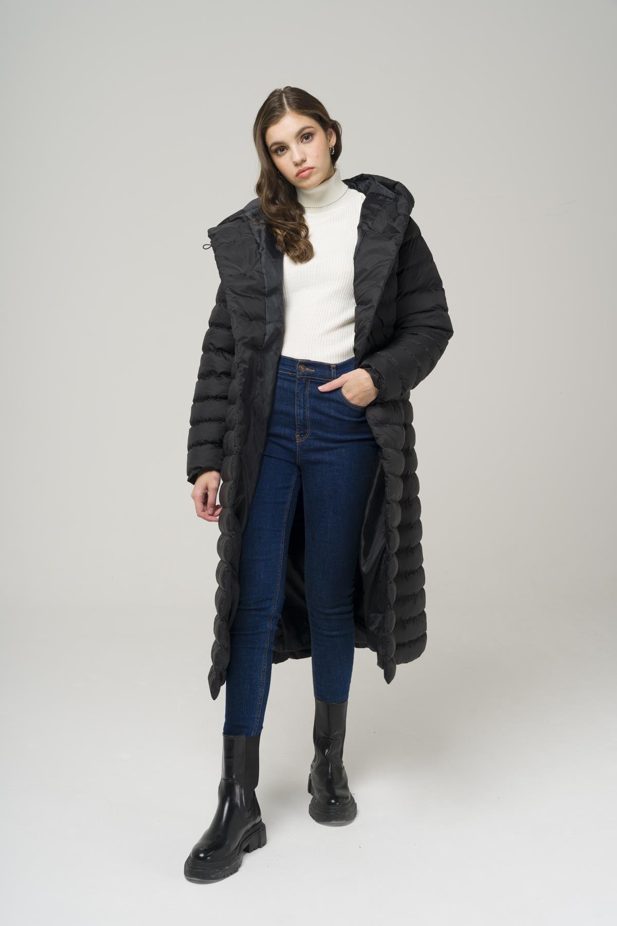 Kapüşonlu Düğme Kapamalı Uzun Şişme Mont SİYAH 6494