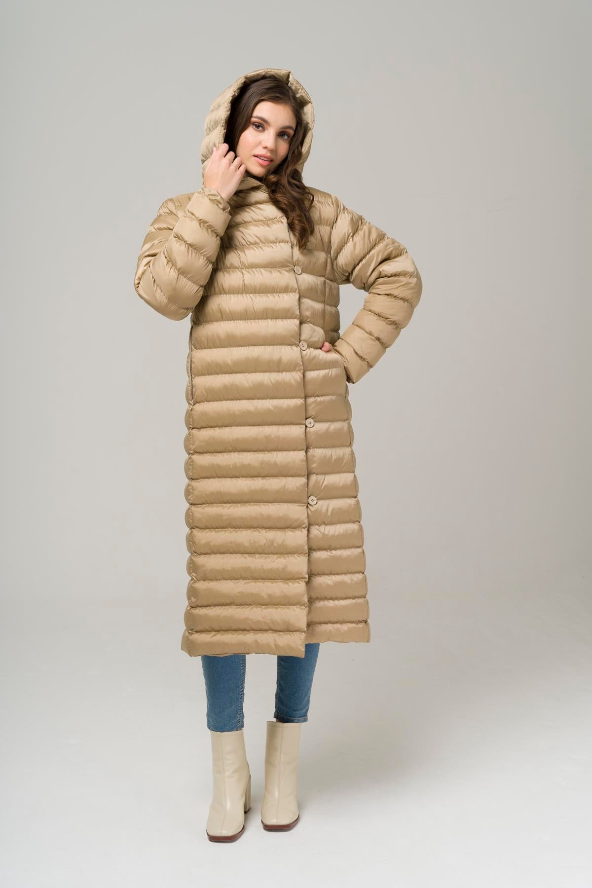 Kapüşonlu Düğme Kapamalı Uzun Şişme Mont TAŞ 6494