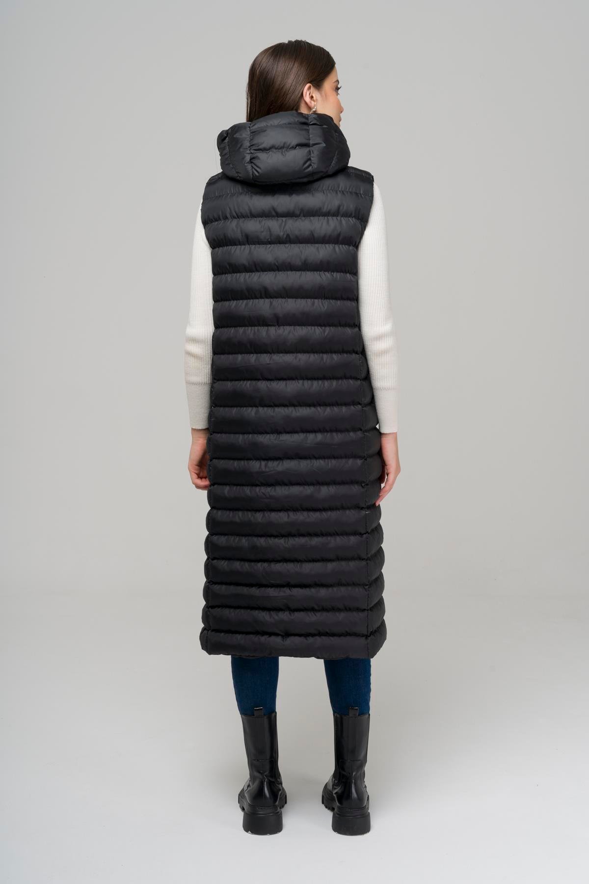 Hooded Button-Closure Long Puffer Vest BLACK 8228