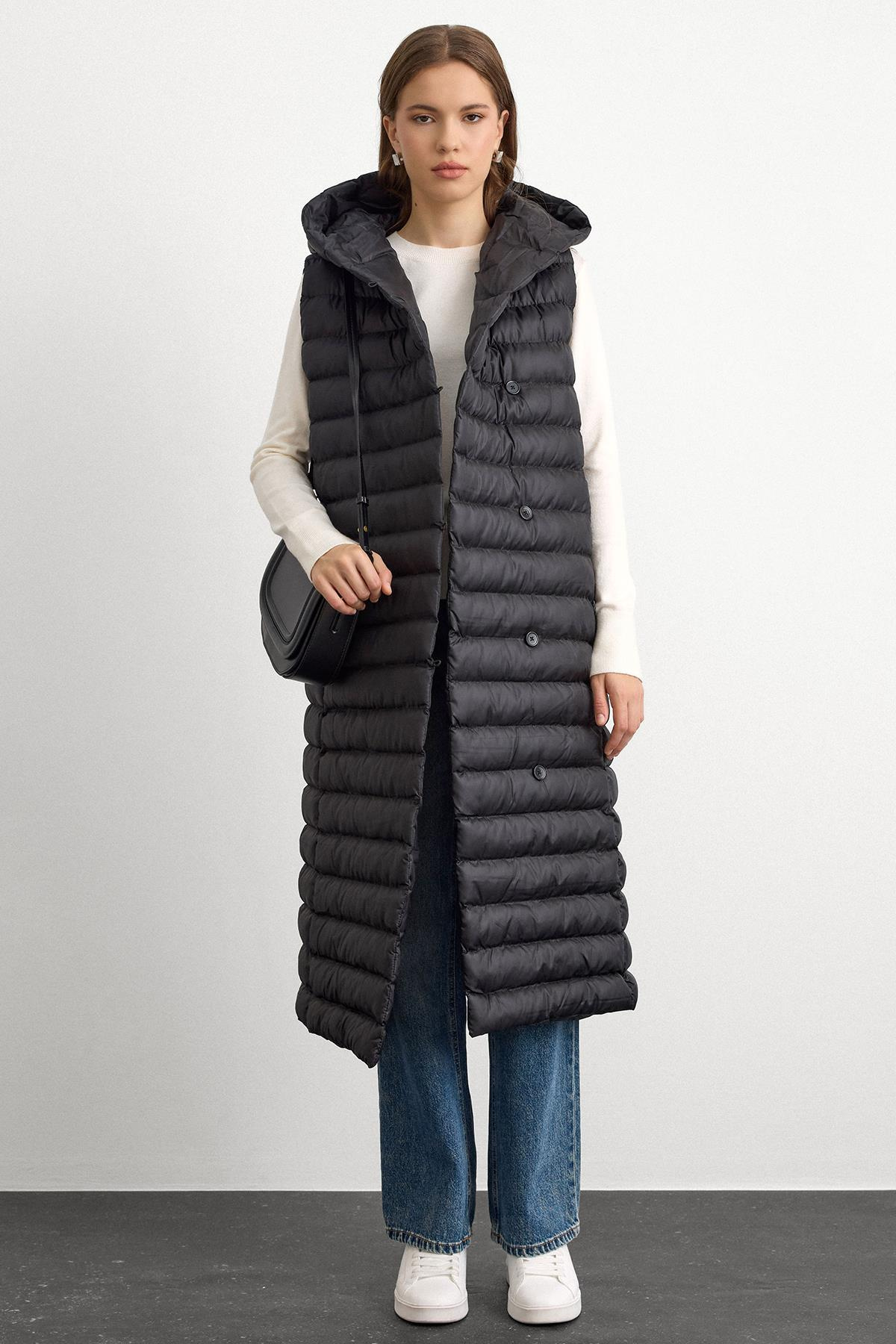 Hooded Button-Closure Long Puffer Vest BLACK 8228