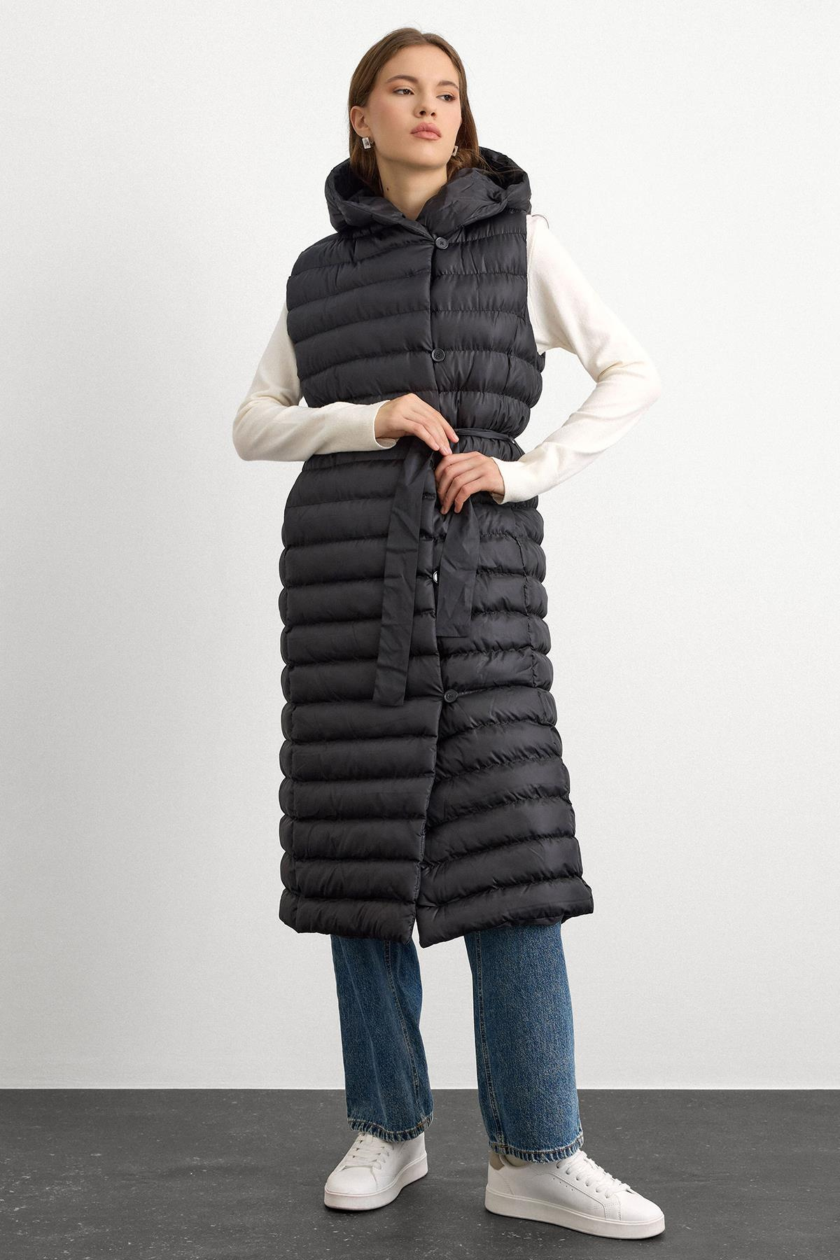 Hooded Button-Closure Long Puffer Vest BLACK 8228
