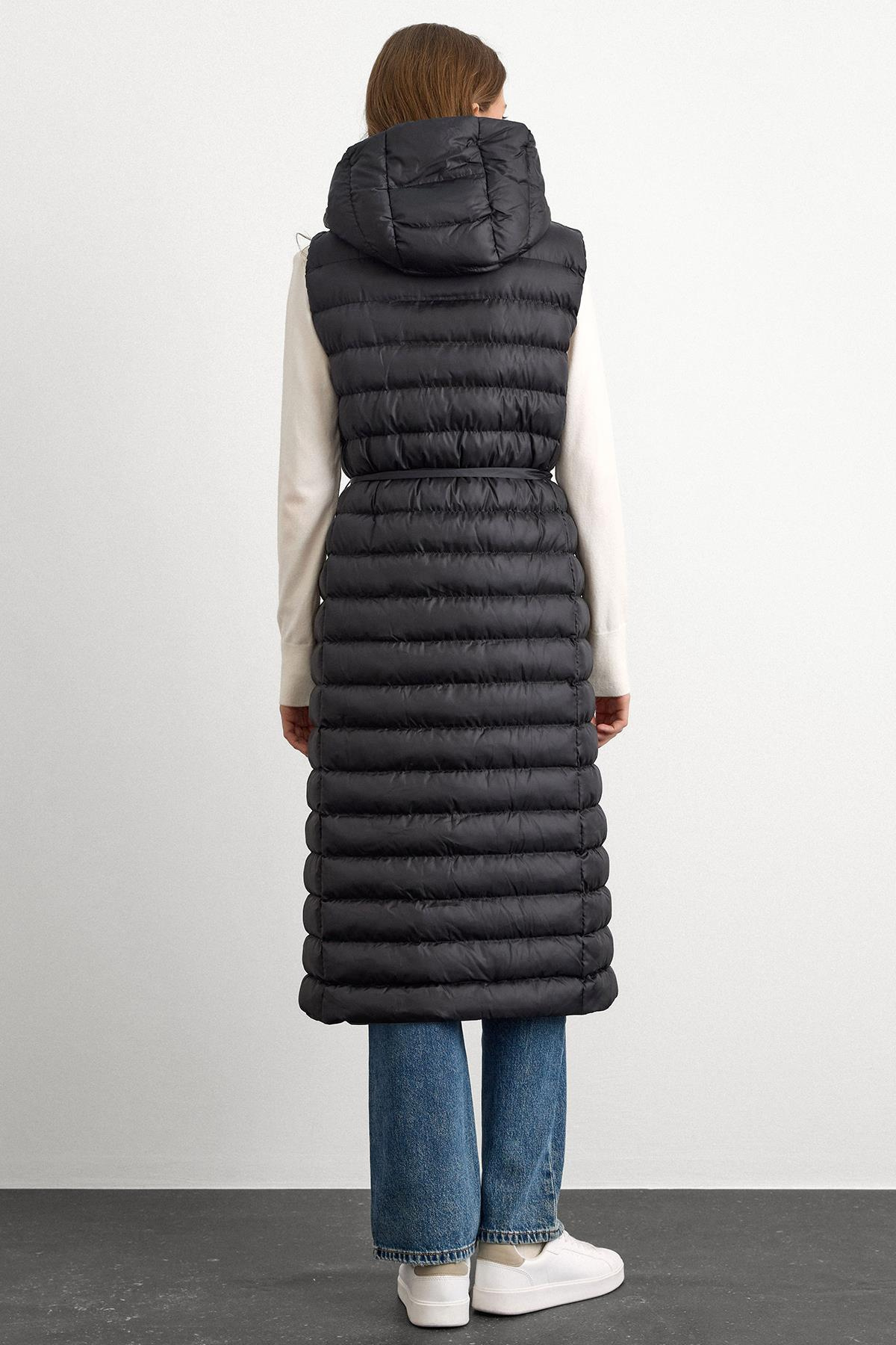 Hooded Button-Closure Long Puffer Vest BLACK 8228